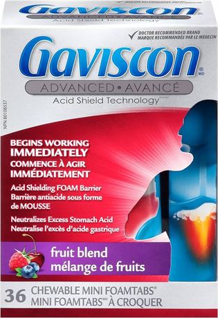 Gaviscon Advanced Strength Chewable Mini Tablets - 36 Count - Foaming Antacid Tablets for Day & Night Heartburn Relief, Acid Reflux and GERD Relief, Fruit Blend - Free of Aluminum, Lactose and Gluten