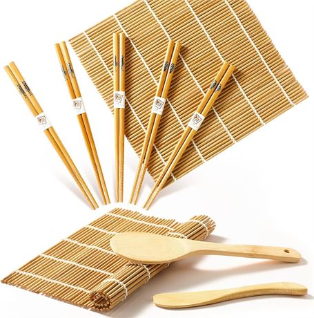 Delamu Sushi Making Kit, Bamboo Sushi Mat, Including 2 Sushi Rolling Mats, 5 Pairs of Chopsticks, 1 Paddle, 1 Spreader, 1 Beginner Guide PDF, Roll On, Beginner Sushi Kit