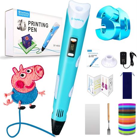 Sunfuny 3D Pen, 3D Printing Pen with 150 Feet 15 Color PLA Filament Refill 3D Drawing Craft Set, 3D Printer Pen Crayon 3D Stylo Gift Kit for Kids Adults, Adjustable Speed＆Temperature, Baby Blue