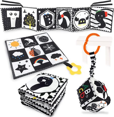 KUANGO 3 Pcs Black and White High Contrast Baby Toys 0-3 Months for Newborn, Mon