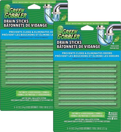 2 Pk,Green Gobbler Fresh Scent Drain Cleaner & Deodorizer Sticks- Prevents Sink
