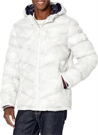 SMALL Tommy Hilfiger mens Midweight Chevron Quilted Performance Hooded Puffer Ja