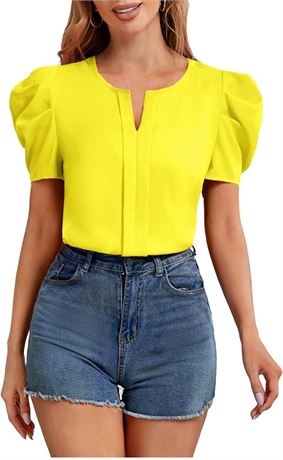 SIZE:S, Floerns Women's Casual Notched Neck Short Puff Sleeve Blouse Tops