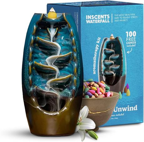 The Original Inscents Waterfall Ceramic Incense Burner with 100% Natural Aromatherapy Essential Incense Cones - Beautifully Handcrafted by Skilled Artisans (Incense Waterfall)