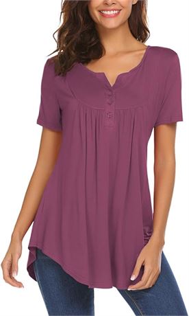 XLARGE - Women's Casual Long Sleeve Henley V-Neck Loose Fit Pleated Tunic Shirt