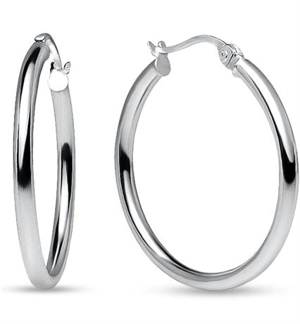 Sterling Silver Hoop Earrings, Round-tube Design, Shiny Polish Finish with Click