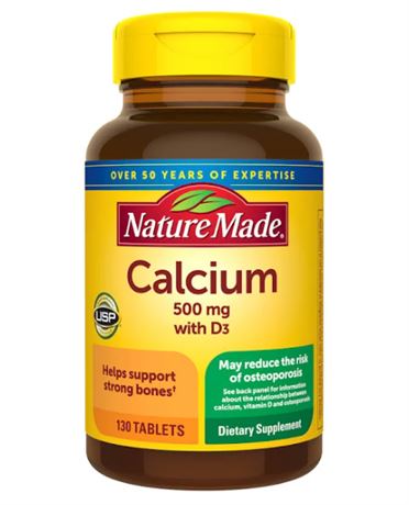 130 Tablets - Nature Made Calcium 500 mg with Vitamin D3 for Immune Support, Tab
