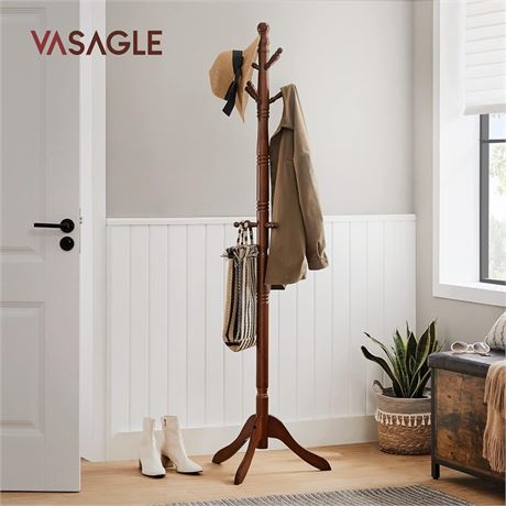 Solid Wood Coat Rack and Stand, Free Standing Hall Coat Tree with 10 Hoo