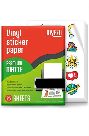 JOYEZA Premium Printable Vinyl Sticker Paper for Inkjet Printer - 25 Sheets Matt