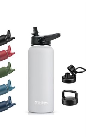 Zibtes 40 oz Insulated Water Bottle with Straw,3 Lids(Flip, Spout and Handle Lid