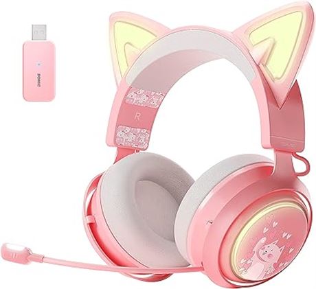 SOMiC GS510 Cat Ear Headset Wireless Gaming Headsets for PS5/ PS4/ PC, Pink Head