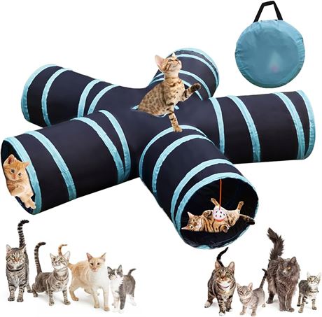 Multi Way Collapsible Cat Tunnel Large Cat Tube with Peek Hole and Hanging Toy Ball for Kitten Rabbit Puppy Interactive