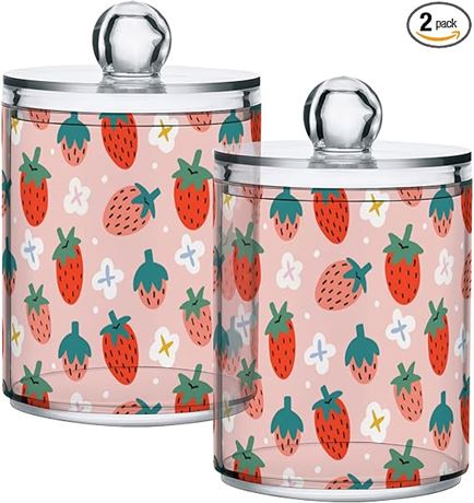 2 Pack, 14oz- Apothecary Jars Cute Strawberry Qtip Holder Organizer Clear Airtig