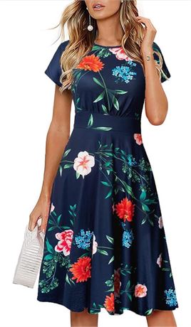 SIZE:XL, HOMEYEE Women's Short Sleeve Floral Casual Aline Midi Dress