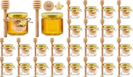 Mini Glass Honey jars-1.5oz, 24 pcs Hexagon Honey Jars with Wooden Dipper,Gold L