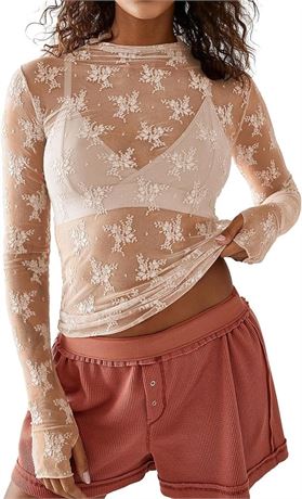 ROJZR Womens Mesh Short Sleeve Tops Mock Neck Sheer Lace Floral See Through Shirts Blouse
