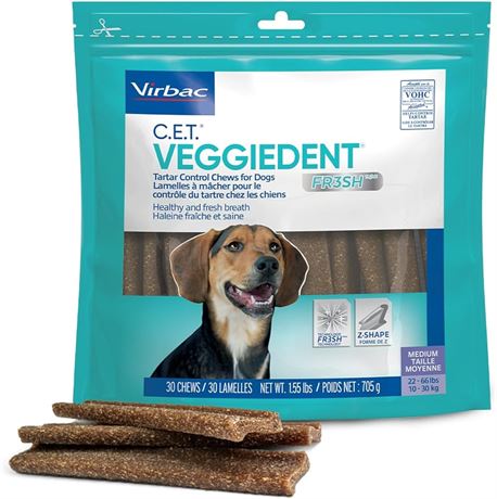 Virbac C.E.T. VEGGIEDENT FR3SH Tartar Control Chews for Medium Sized Dogs 22 to 66 Pounds, 30 Chews, A Healthy Solution for Clean Teeth, Fresh Breath and More.