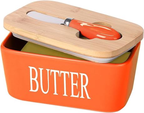 Lxmons Ceramic Butter Dish with Wooden Lid, Large Butter Container Keeper Storag