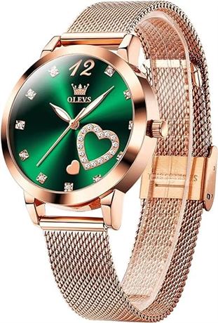 OLEVS Womens Watch, Small Wrist Rose Gold Tone Cute Diamond Heart Arabic Numeral