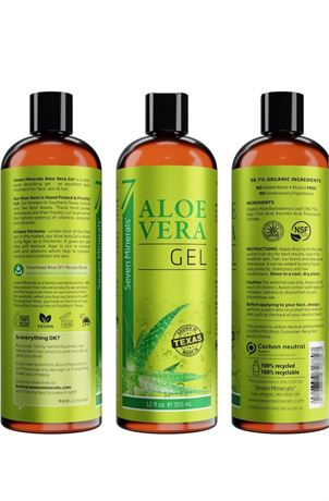 Seven Minerals Organic Aloe Vera Gel from freshly cut 100% Pure Aloe - Big 12oz
