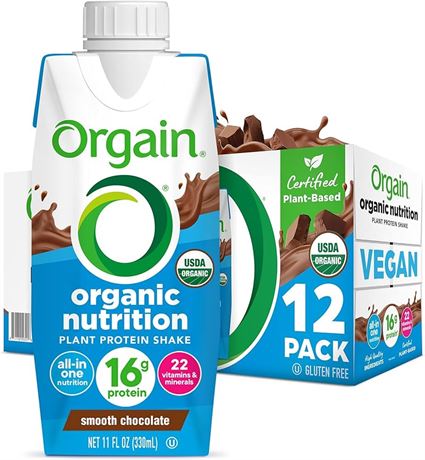 Orgain Organic Vegan Plant Based Nutritional Shake, Smooth Chocolate - Meal Replacement, 16g Protein, 25 Vitamins & Minerals, Dairy Free, Gluten Free, 11 Ounce, 12 Count (Packaging May Vary)