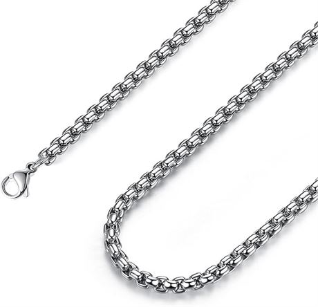Fosir Mens Round Box Chain Necklace, Stainless Steel Rolo Chain 5mm, 26"