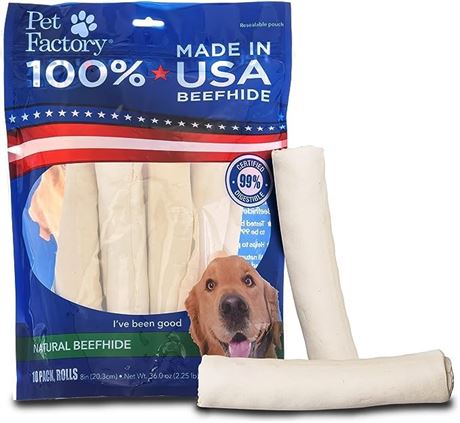 Pet Factory 100% Made in USA Beefhide 8" Rolls Dog Chew Treats - Natural Flavor,