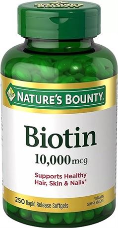 250 Softgels - Nature's Bounty Biotin 10,000 mcg, Rapid Release. EXP. 06/2026