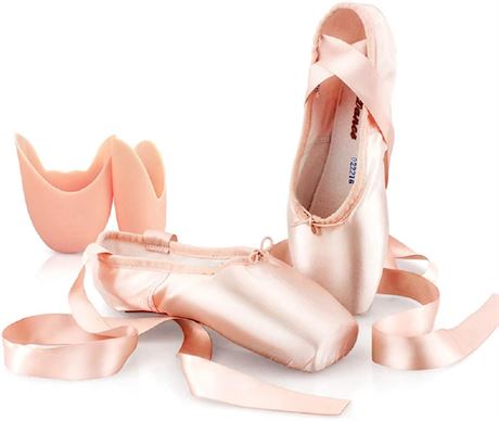 Size 37 DoGeek Satin Pointe Shoes for Girls and Ladies Professional Ballet Dance Shoes with Ribbon for School or Home (Choose One Size Larger)