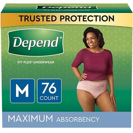 M, 76 COUNT Depend Fit-Flex Adult Incontinence Underwear for Women, Disposable