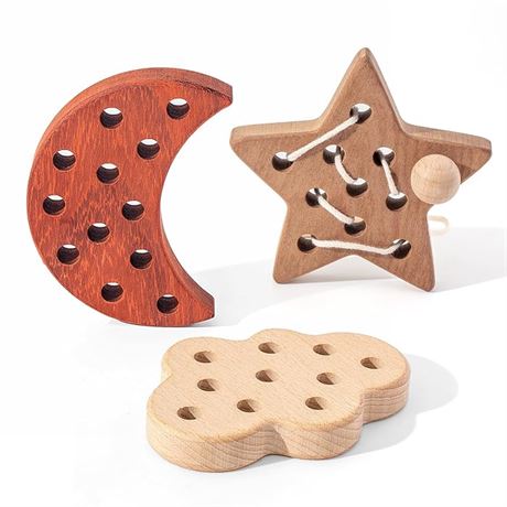 FlameFlash Montessori Wooden Lacing Threading Toys, Moon/Stars/Cloud Lacing Toys