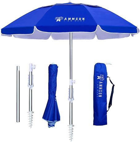 AMMSUN 6.5ft Portable Folded Beach Umbrella with Sand anchor Air-vent Tilt UV50+