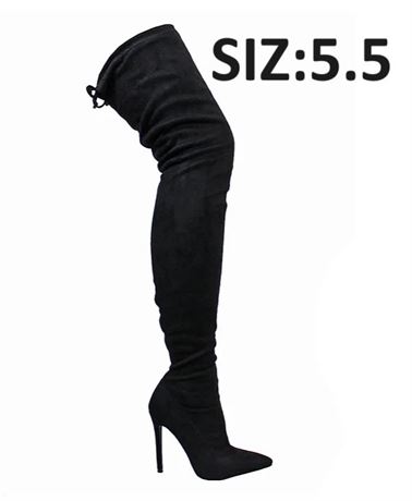 SIZE:US 5.5 GISELE-50 THIGH-HIGH POINTY TOE BOOT WITH TIE - BLACK