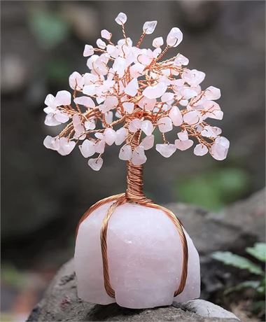 Rose Quartz Gemstone Tree of Life - Natural Rose Quartz Stone Base, Copper Wire