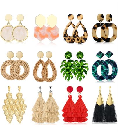 Honsny 12 Pairs Clip on Earrings for Women Fashion Rattan Tassel Earrings Set Bo