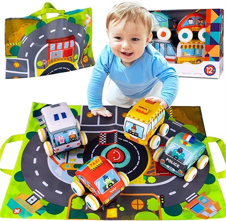 Ckikogo Pull-Back Vehicle Baby Toys of Soft Plush Car Set with Play Mat