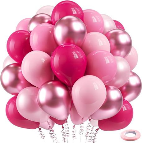 Bezente Pink Balloons Set,60pcs 12 inch Metallic Pink Pearl Pink Hot Pink Pastel Pink Latex Balloons Kit for Birthday,Wedding,Baby Shower,Princess Theme Party Decorations