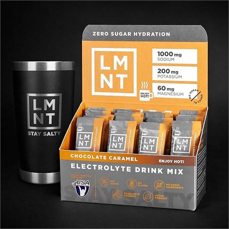 LMNT - Chocolate Caramel Salt Electrolytes | 30 Sticks Hot Chocolate and Coffee
