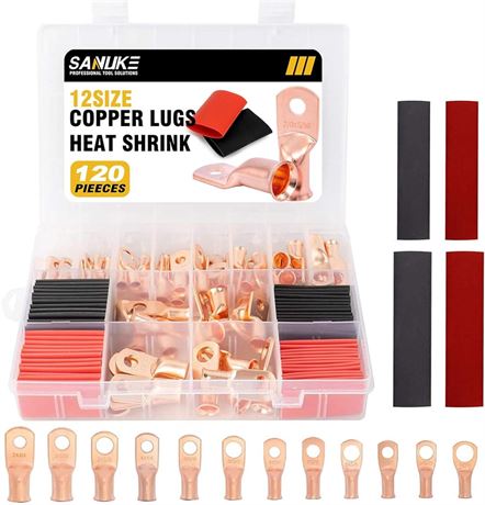 Sanuke 120Pcs AWG 8 6 4 2 Copper Wire Lugs with Heat Shrink Set, 60Pcs Heavy Dut