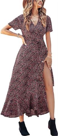 PRETTYGARDEN Women's Summer Wrap Maxi Dress Casual Boho Floral, Size S