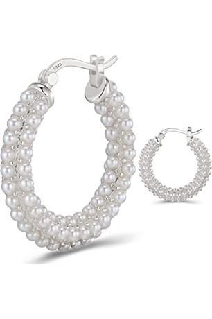 Hoop Earrings For Women 925 Sterling Silver Post Cubic Zirconia Silver