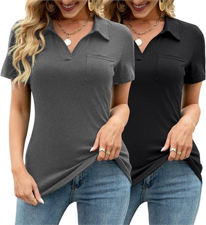 2 PACK, LARGE - AKEWEI Womens V Neck Polo Shirts Short Sleeve Collared Tops Loos