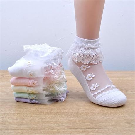 6-8Y, Hopply 5Pairs of Ruffle Pageant Frilly Socks for Toddler Girls Baby White