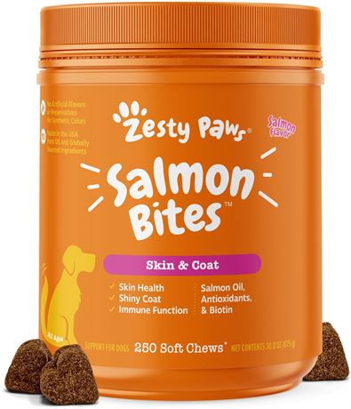 Zesty Paws Salmon Bites Salmon Flavored Soft Chews Skin & Coat Salmon Oil Supple