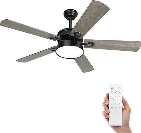 52" - Ohniyou Outdoor Ceiling Fan with Light and Remote,5 blades Farmhouse Ceili