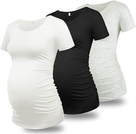 SIZE:M GLAMIX Women's Maternity T-Shirt Side Ruched Short & 3/4 Sleeve Basic Pregnancy Tops