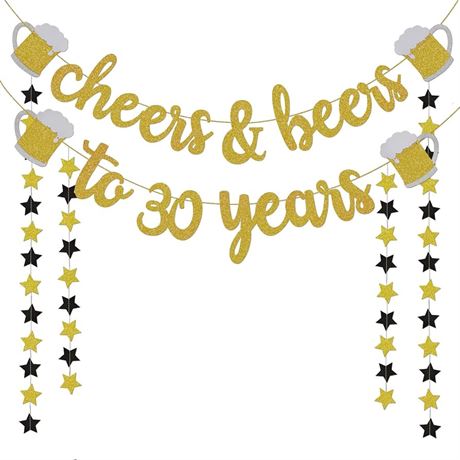 30th Birthday Decorations for Him/Her - 30th Birthday Gifts - Cheers & Beers to 30 Years Gold Glitter Banner - 30th Anniversary Decorations for Party, 30th Wedding Party Supplies for Men/Women