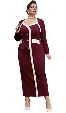 Size-4XL, WDIRARA Women's Plus Size Colorblock Long Sleeve Split Hem Elegant