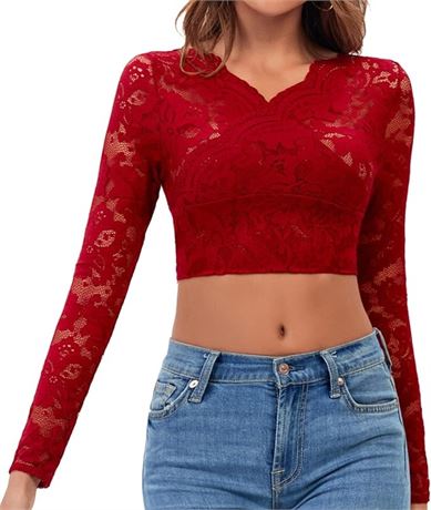 SMALL TLGAVQUEEN Women's Floral Lace Long Sleeve Crop Top Red