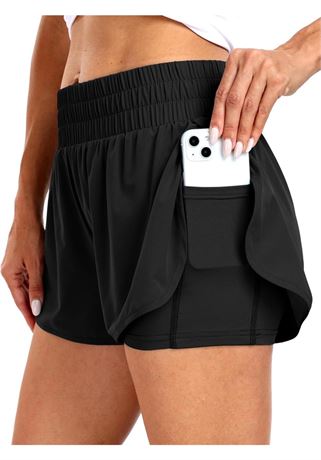 SIZE:L, Haimont Women's Running Shorts 2 in 1 High Waisted Athletic Shorts with